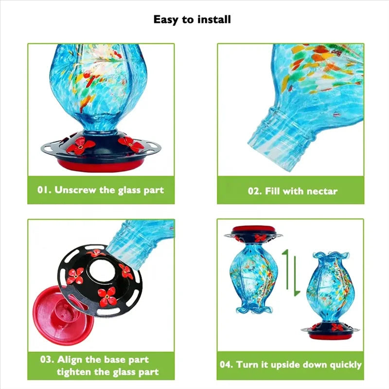 Vibrant Blue Glass Hummingbird Feeder with Insect Guard Features