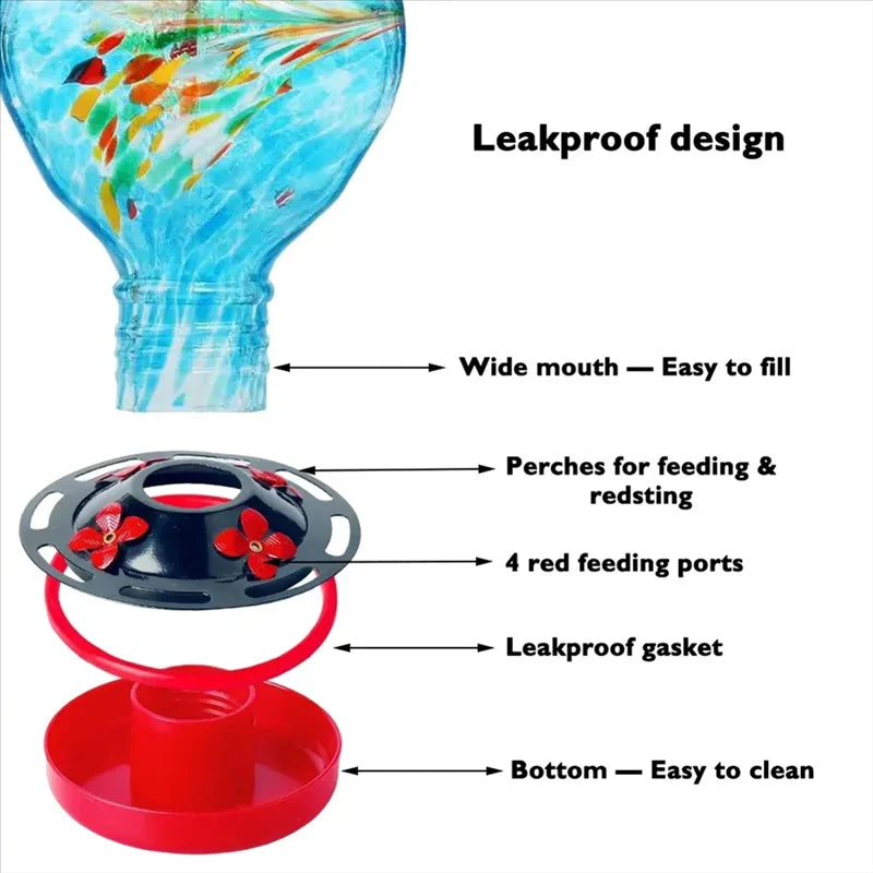 Vibrant Blue Glass Hummingbird Feeder with Insect Guard Features