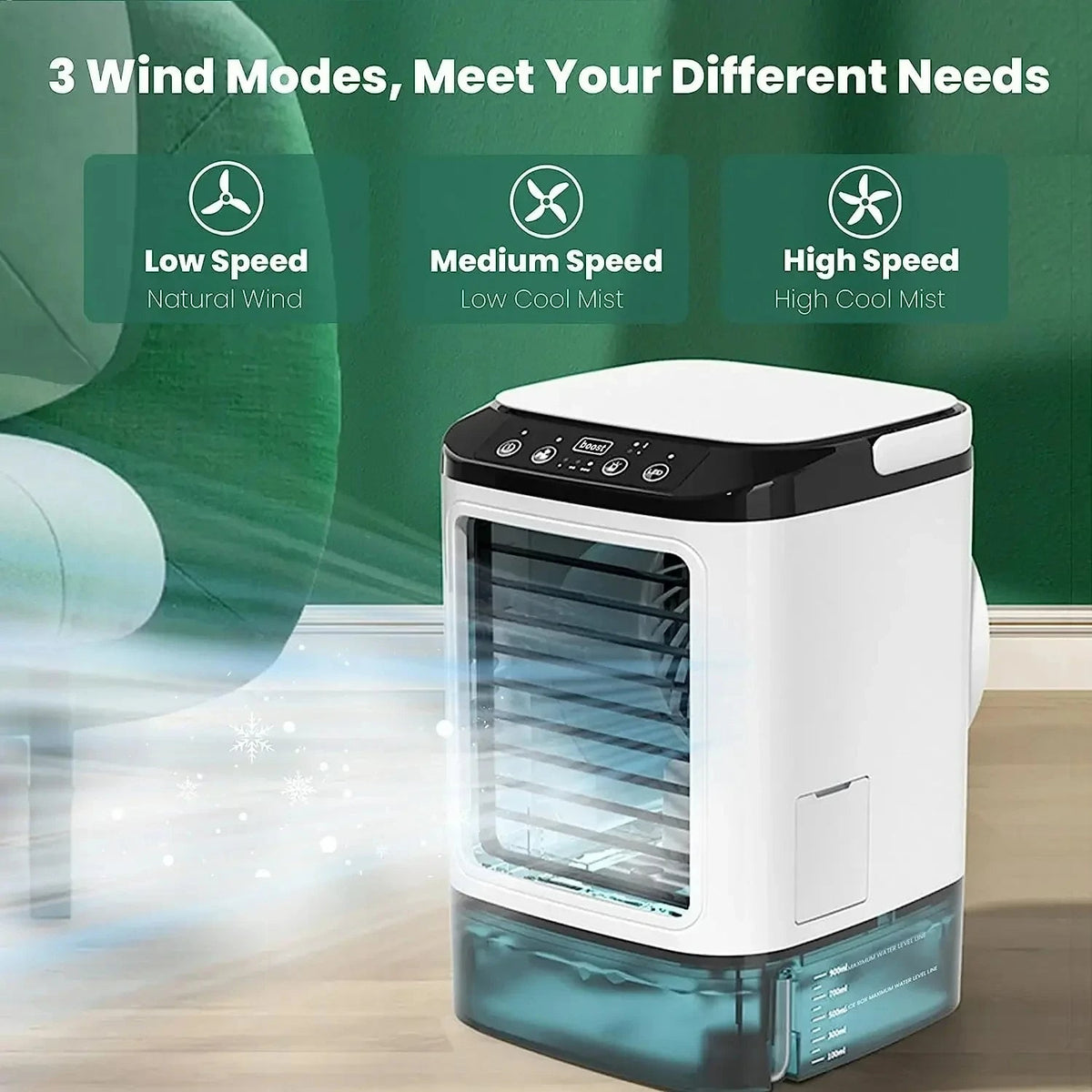 Compact Mist Cooling Device with Adjustable Airflow and LED Light