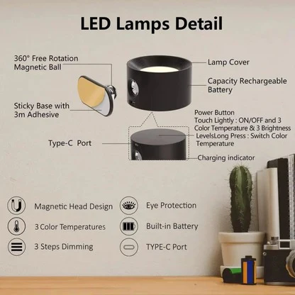Versatile Wireless Wall Lamp with 360° Adjustability and Touch Controls
