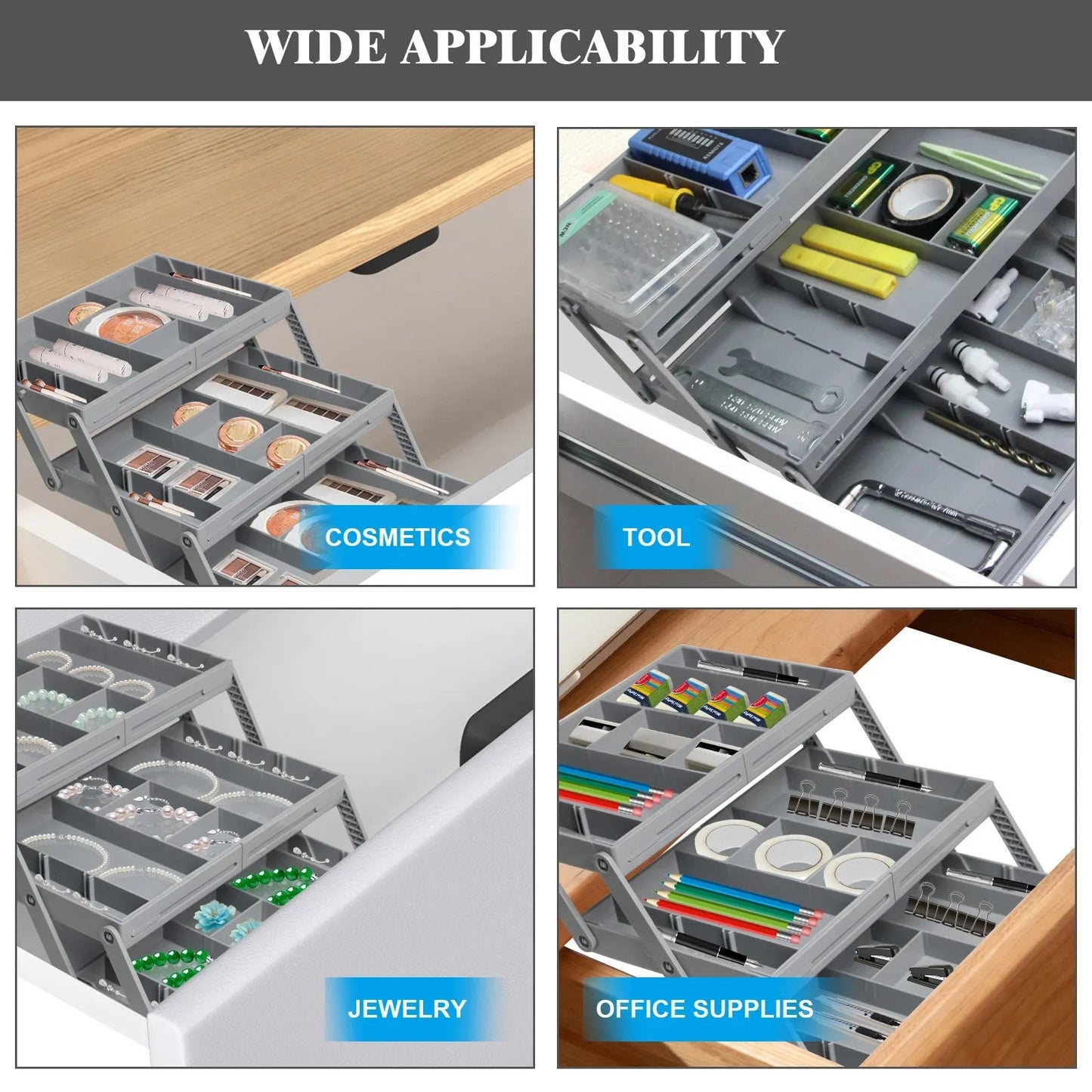 Compact Stacking Organizer with Three Levels and Dividers