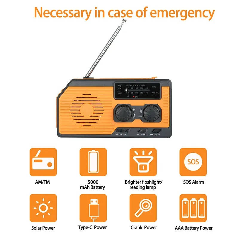 Solar Hand Crank Emergency Radio with 5000mAh Power Bank and Weather Band