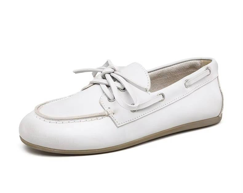 Lace-up Cowhide Flats for Women - Genuine Leather Moccasins with TPR Sole, Sizes 6 to 8