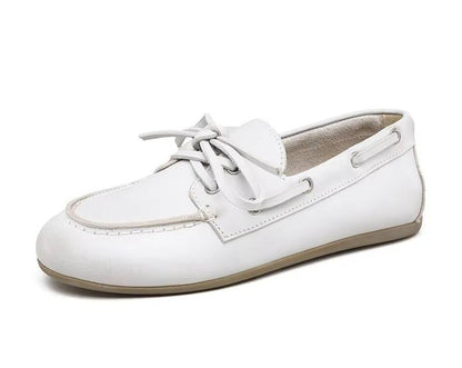 Lace-up Cowhide Flats for Women - Genuine Leather Moccasins with TPR Sole, Sizes 6 to 8