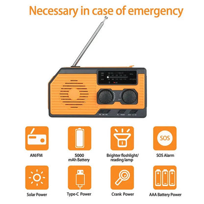 All-Weather Emergency Radio with Solar and Crank Power, 5000mAh Backup Battery