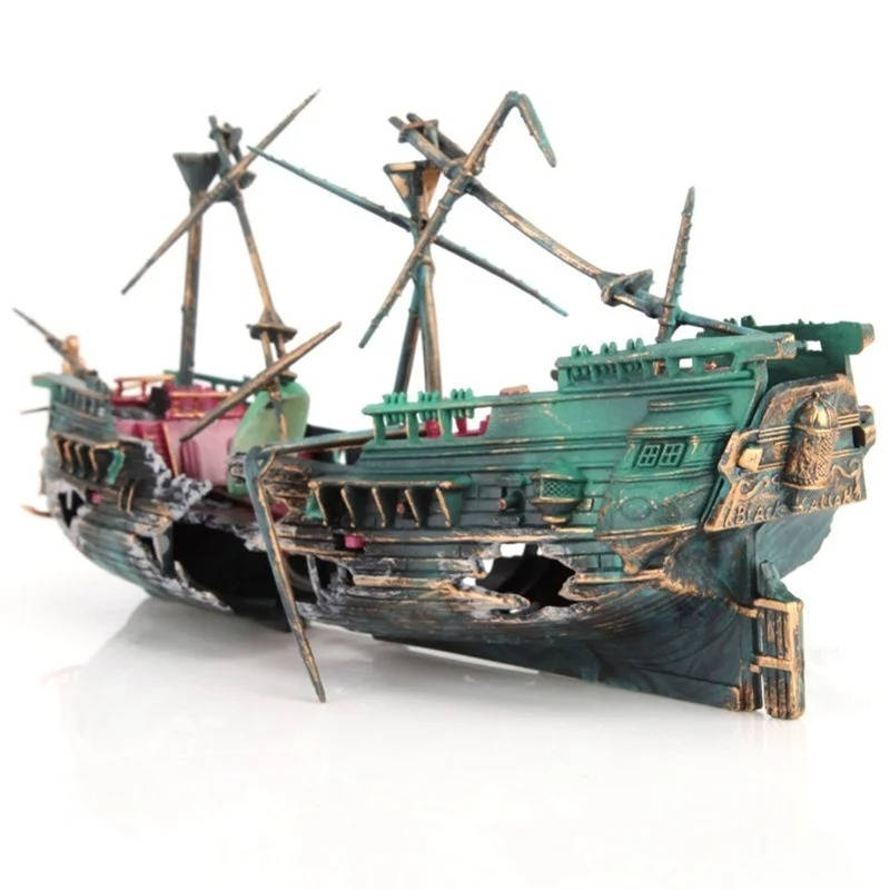 Sunken Ship Aquarium Ornament with Integrated Airflow System