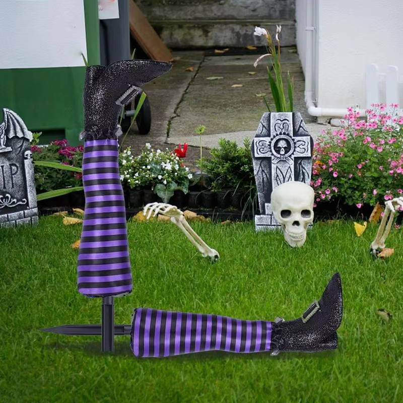 Crashed Witch Yard Stake with Striped Stockings for Halloween Decor