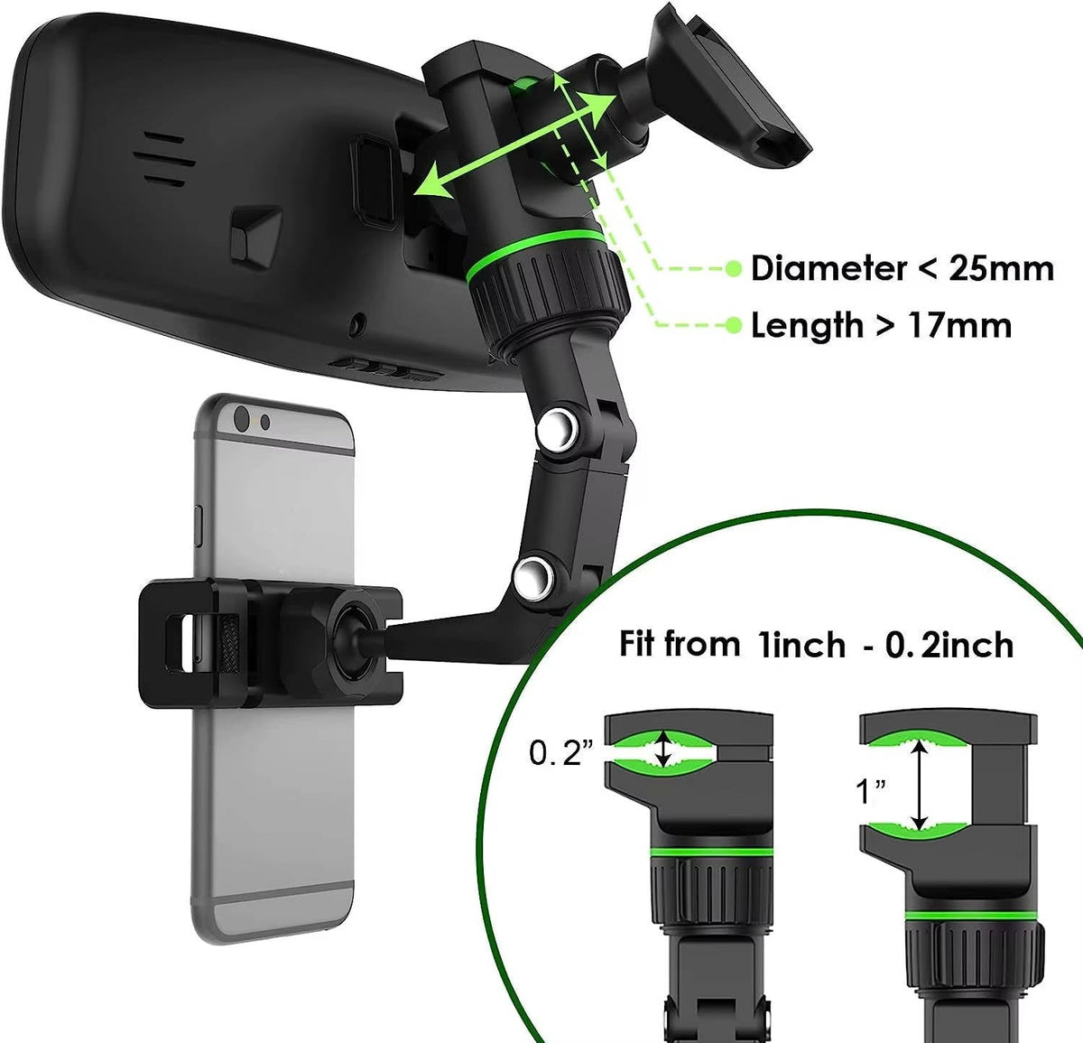 Foldable Rearview Mirror Phone Holder - 360-Degree Rotation for 4 to 6.5 Inch Devices