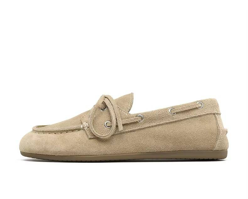 Lace-up Cowhide Flats for Women - Genuine Leather Moccasins with TPR Sole, Sizes 6 to 8