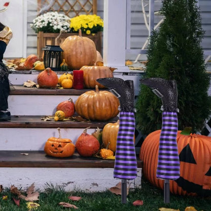 Crashed Witch Yard Stake with Striped Stockings for Halloween Decor