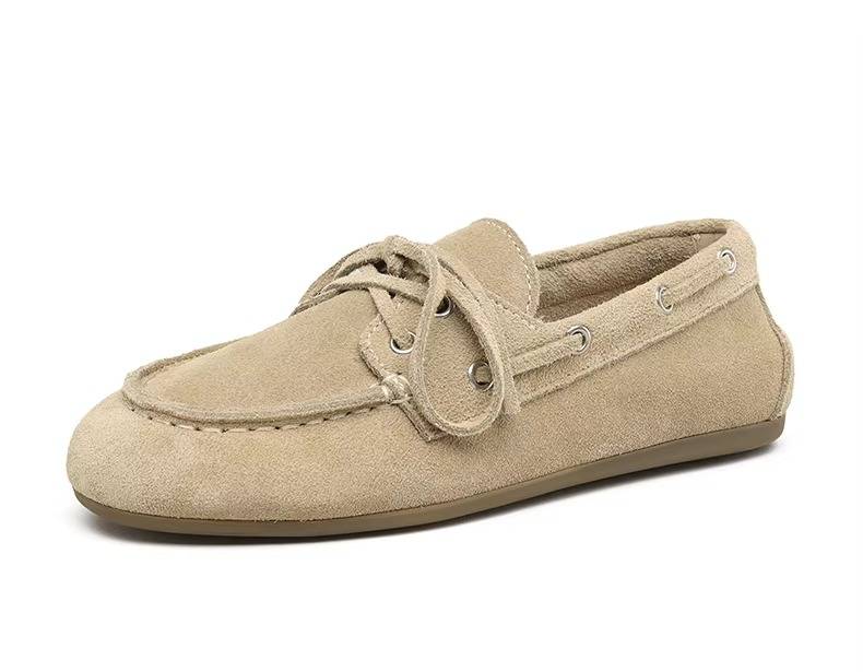 Lace-up Cowhide Flats for Women - Genuine Leather Moccasins with TPR Sole, Sizes 6 to 8
