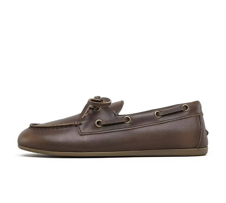 Lace-up Cowhide Flats for Women - Genuine Leather Moccasins with TPR Sole, Sizes 6 to 8