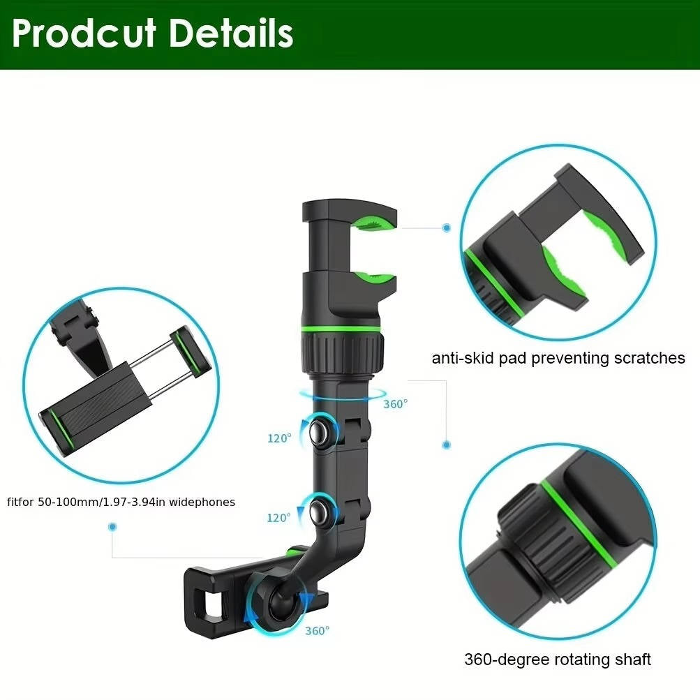 Foldable Rearview Mirror Phone Holder - 360-Degree Rotation for 4 to 6.5 Inch Devices