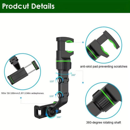 Foldable Rearview Mirror Phone Holder - 360-Degree Rotation for 4 to 6.5 Inch Devices