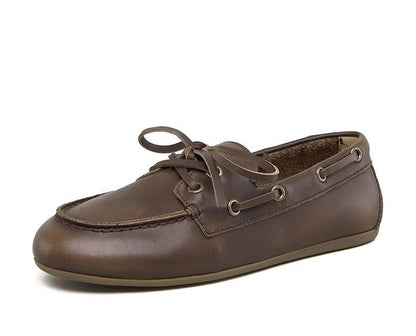 Lace-up Cowhide Flats for Women - Genuine Leather Moccasins with TPR Sole, Sizes 6 to 8