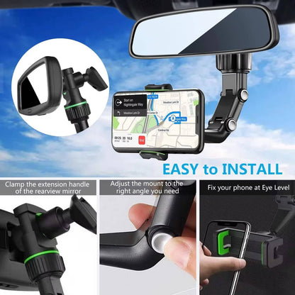 Foldable Rearview Mirror Phone Holder - 360-Degree Rotation for 4 to 6.5 Inch Devices