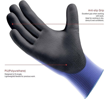 Polyester Safety Gloves with PU Coating – Anti-Slip Grip, 3 Pack, Sizes S-XXL