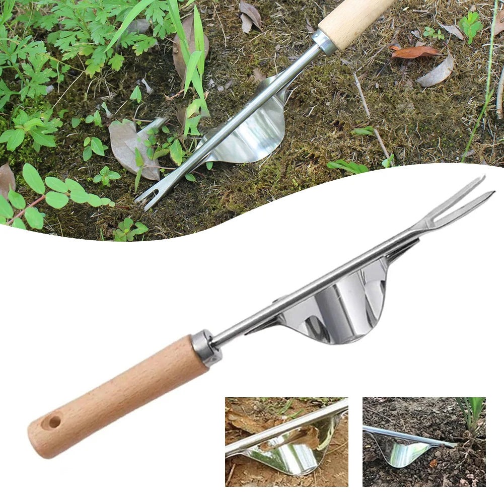 Manual V-Shaped Root Remover Tool with Long Wooden Handle for Gardens