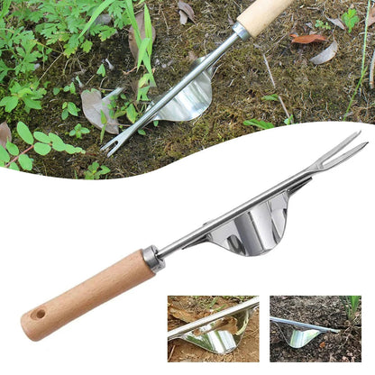 Manual V-Shaped Root Remover Tool with Long Wooden Handle for Gardens