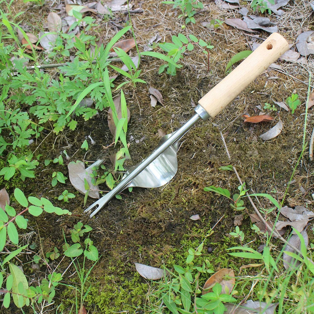 Manual V-Shaped Root Remover Tool with Long Wooden Handle for Gardens
