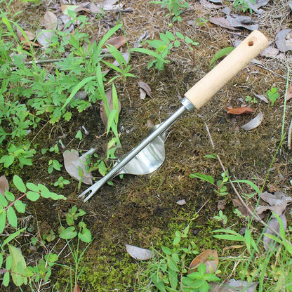 Manual V-Shaped Root Remover Tool with Long Wooden Handle for Gardens