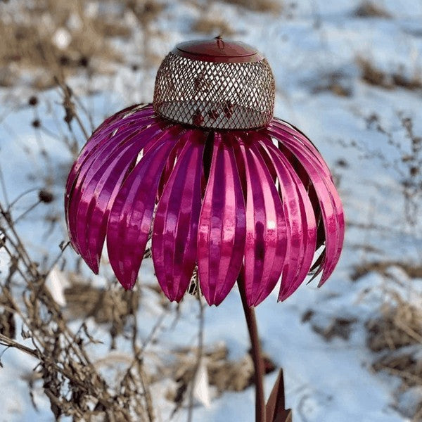 Bird Feeder with Wide Dish and Easy Refill - Metal Coneflower Design