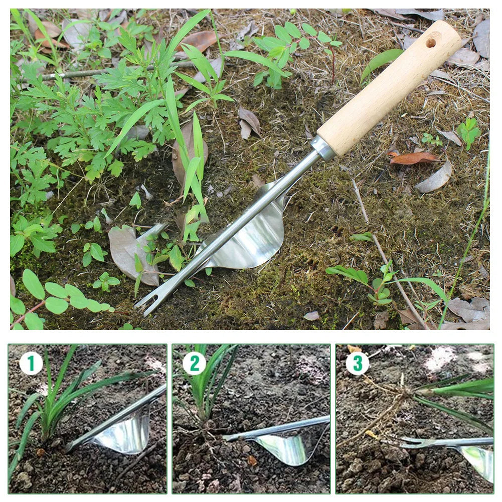 Manual V-Shaped Root Remover Tool with Long Wooden Handle for Gardens
