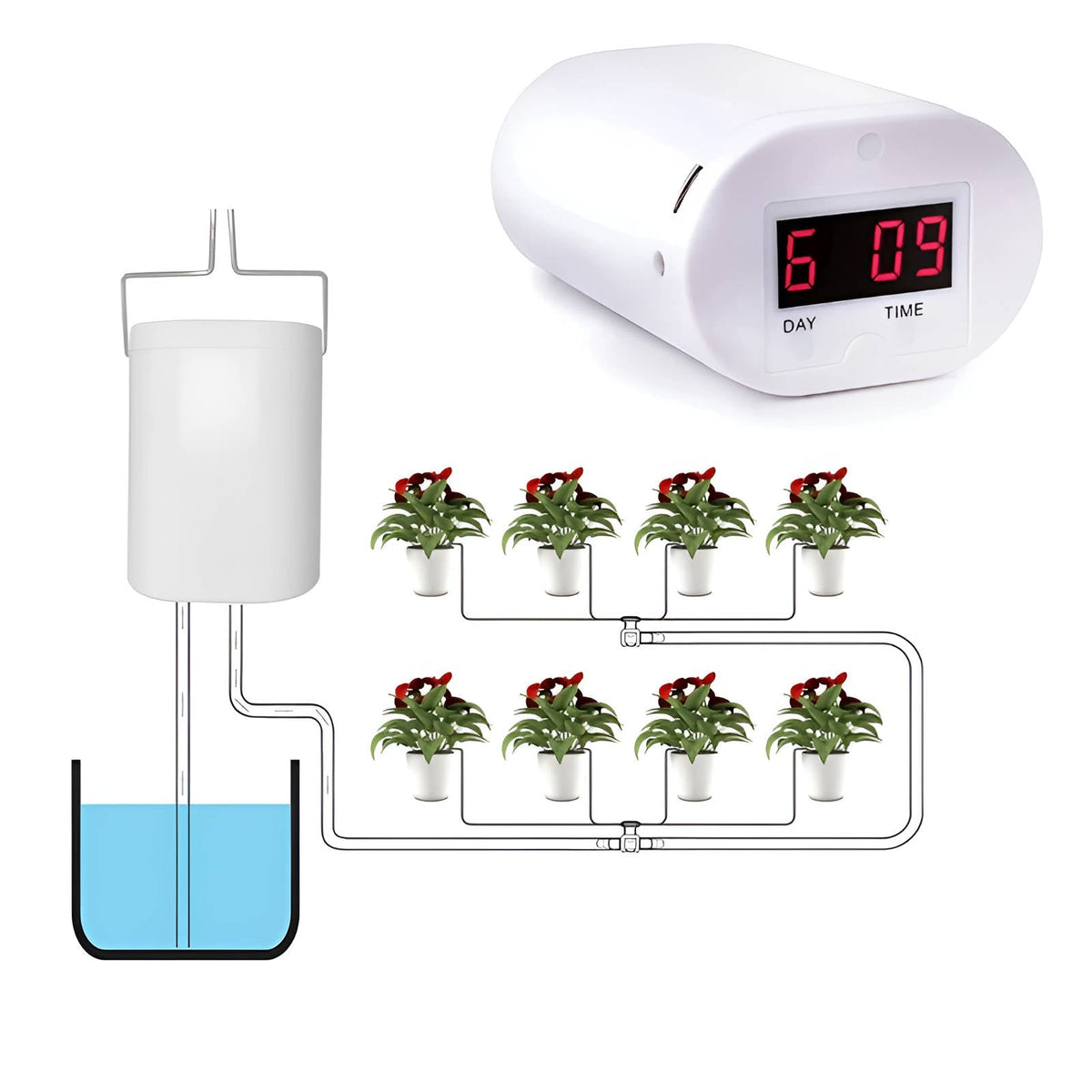 LCD Display Rechargeable Watering System for 8 Pots – 120-Day Battery