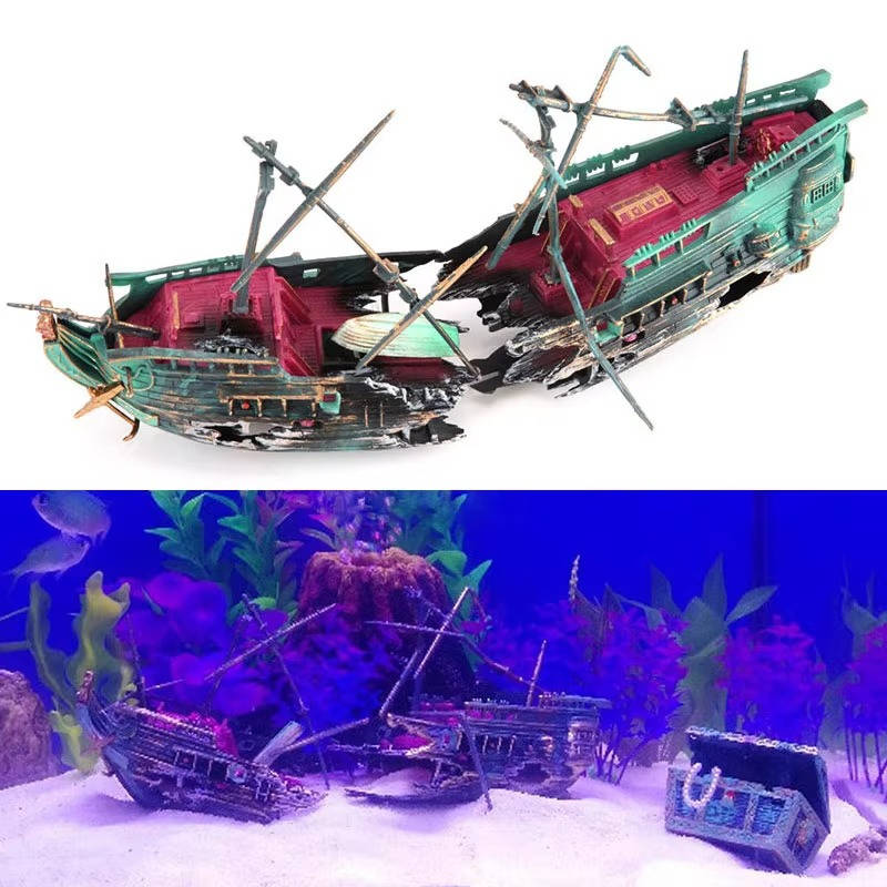 Sunken Ship Aquarium Ornament with Integrated Airflow System