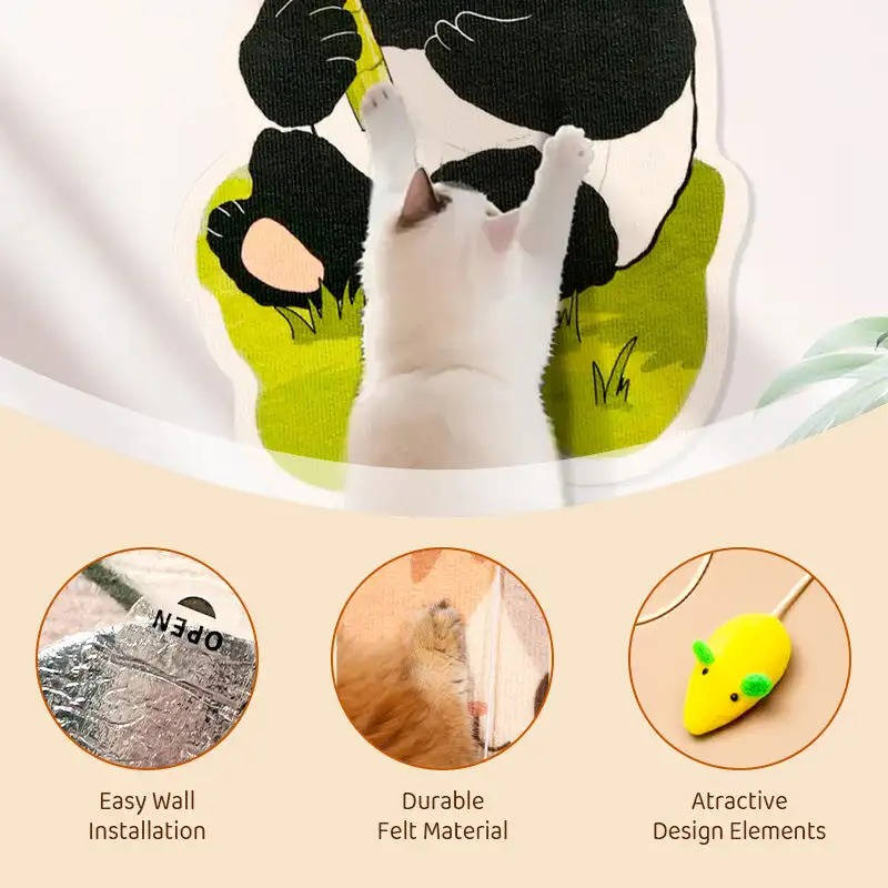 Vertical Felt Cat Scratching Post with Adhesive, Toys and Bells for Indoor Use
