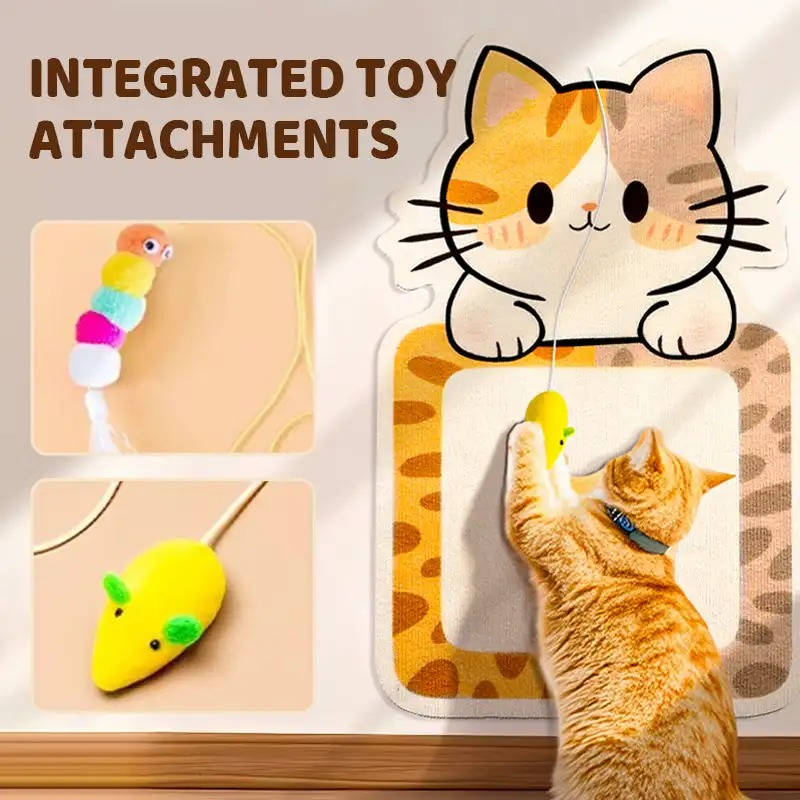 Vertical Felt Cat Scratching Post with Adhesive, Toys and Bells for Indoor Use