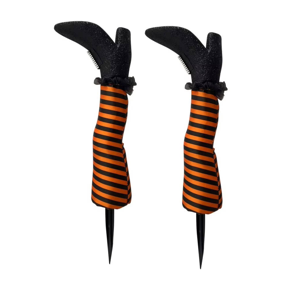 Crashed Witch Yard Stake with Striped Stockings for Halloween Decor