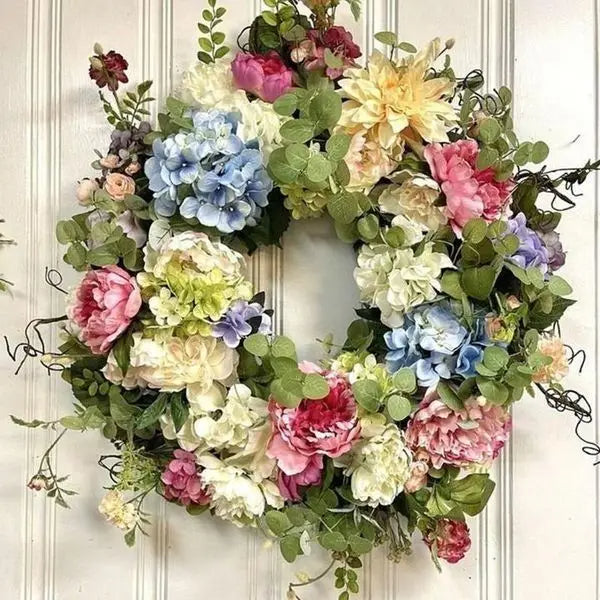 13.78-Inch Wreath of Synthetic Hydrangeas with Colorful Petals and Green Leaves