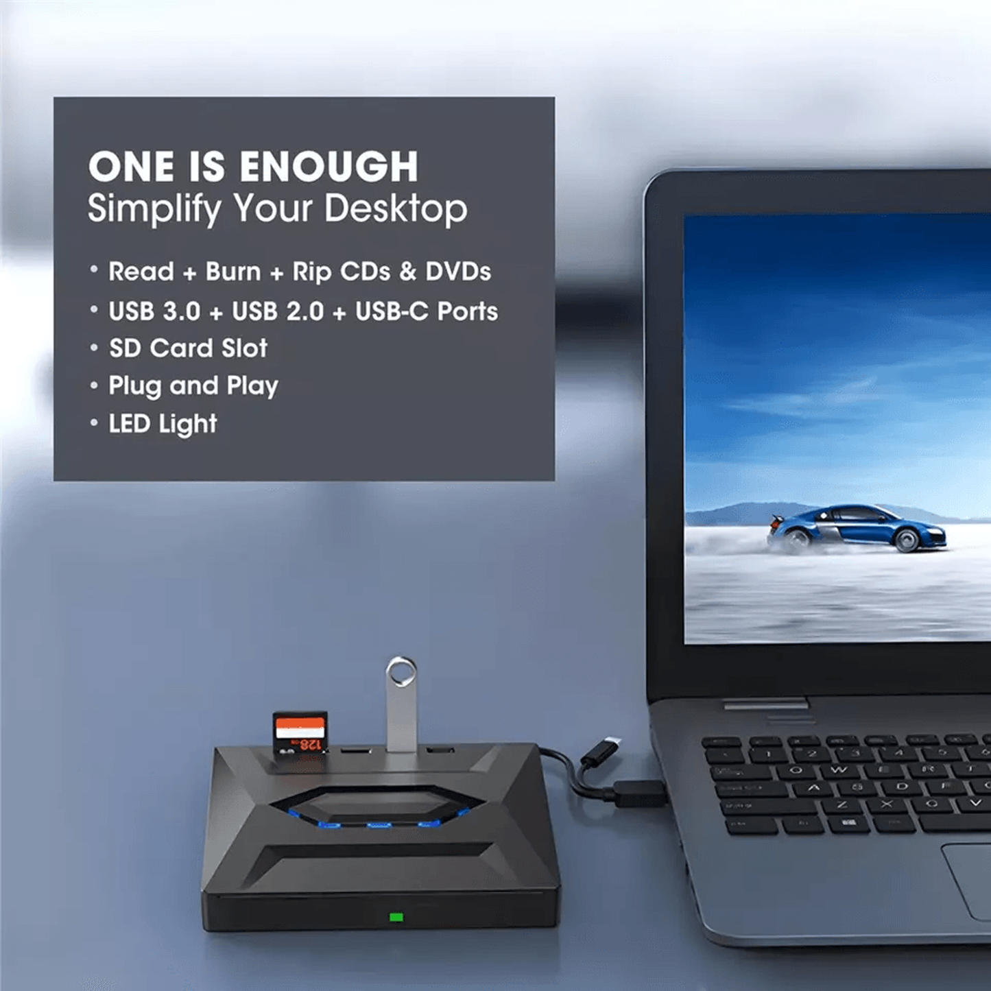 Versatile External Drive with SD Card Reader & USB Hub