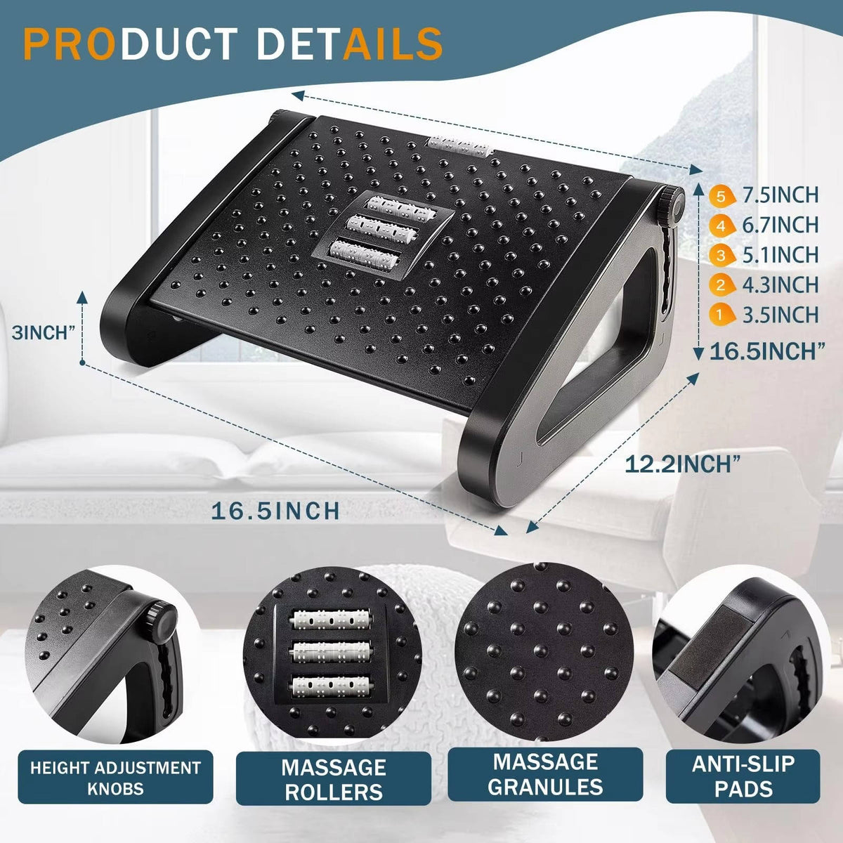 Ergonomic Footrest with Massage Rollers - Adjustable 3.5 to 7.5 inches for Home and Office