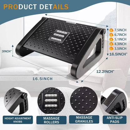 Ergonomic Footrest with Massage Rollers - Adjustable 3.5 to 7.5 inches for Home and Office