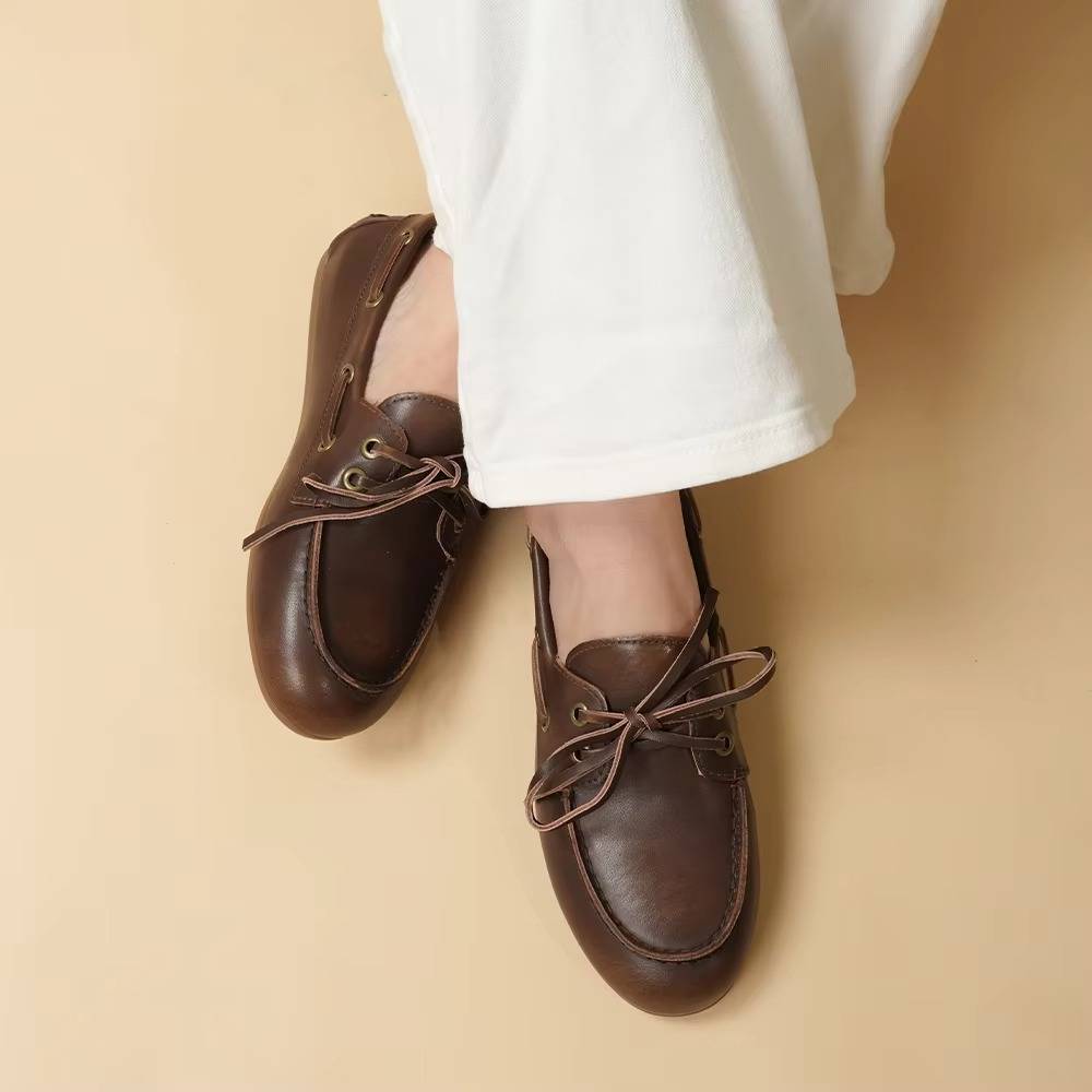 Lace-up Cowhide Flats for Women - Genuine Leather Moccasins with TPR Sole, Sizes 6 to 8