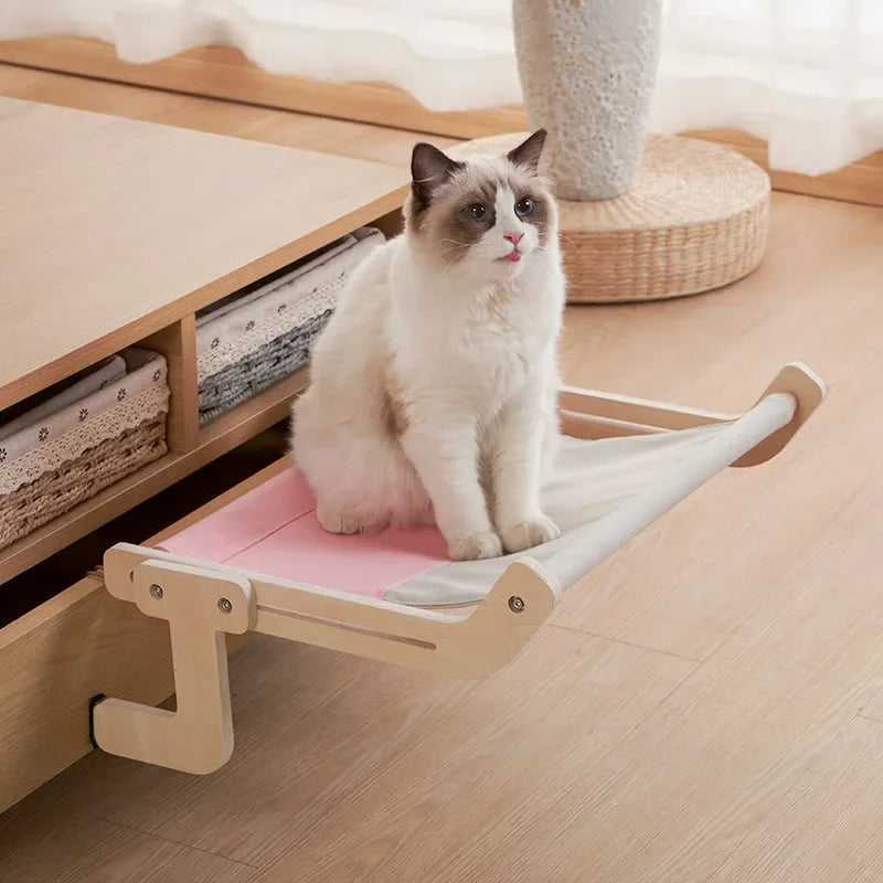 Elevated Cat Hammock Bed with Plywood Frame and Breathable Fabric