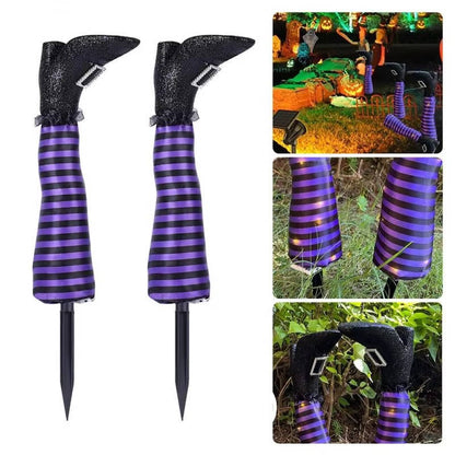Crashed Witch Yard Stake with Striped Stockings for Halloween Decor