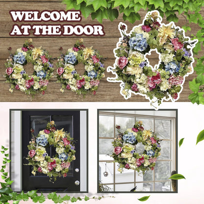 13.78-Inch Wreath of Synthetic Hydrangeas with Colorful Petals and Green Leaves