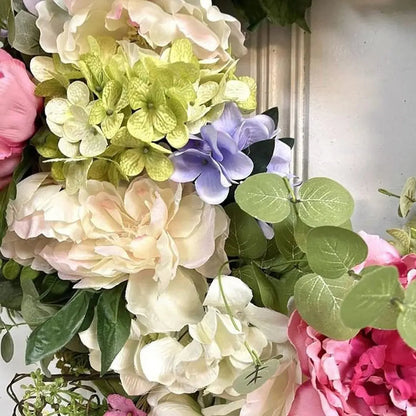 13.78-Inch Wreath of Synthetic Hydrangeas with Colorful Petals and Green Leaves