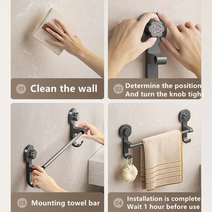 Suction Cup Towel Bar Holder for Bathroom and Kitchen, 40cm, Black, No Drill