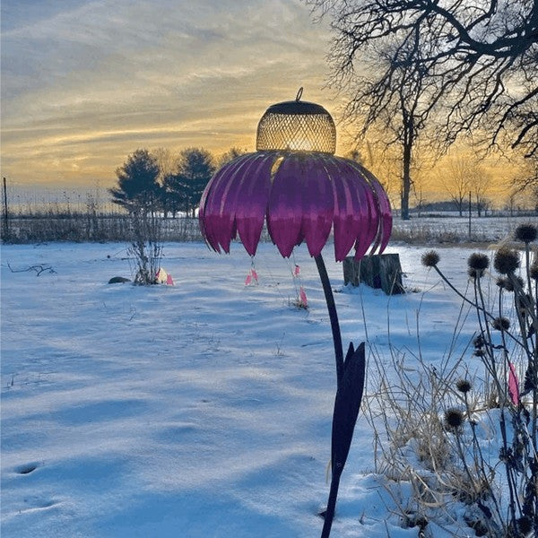 Bird Feeder with Wide Dish and Easy Refill - Metal Coneflower Design