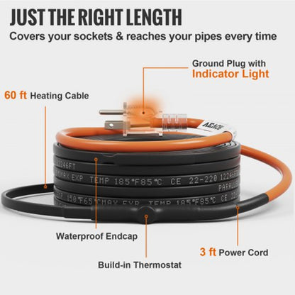 60ft Pipe Heat Cable with Smart Thermostat Control