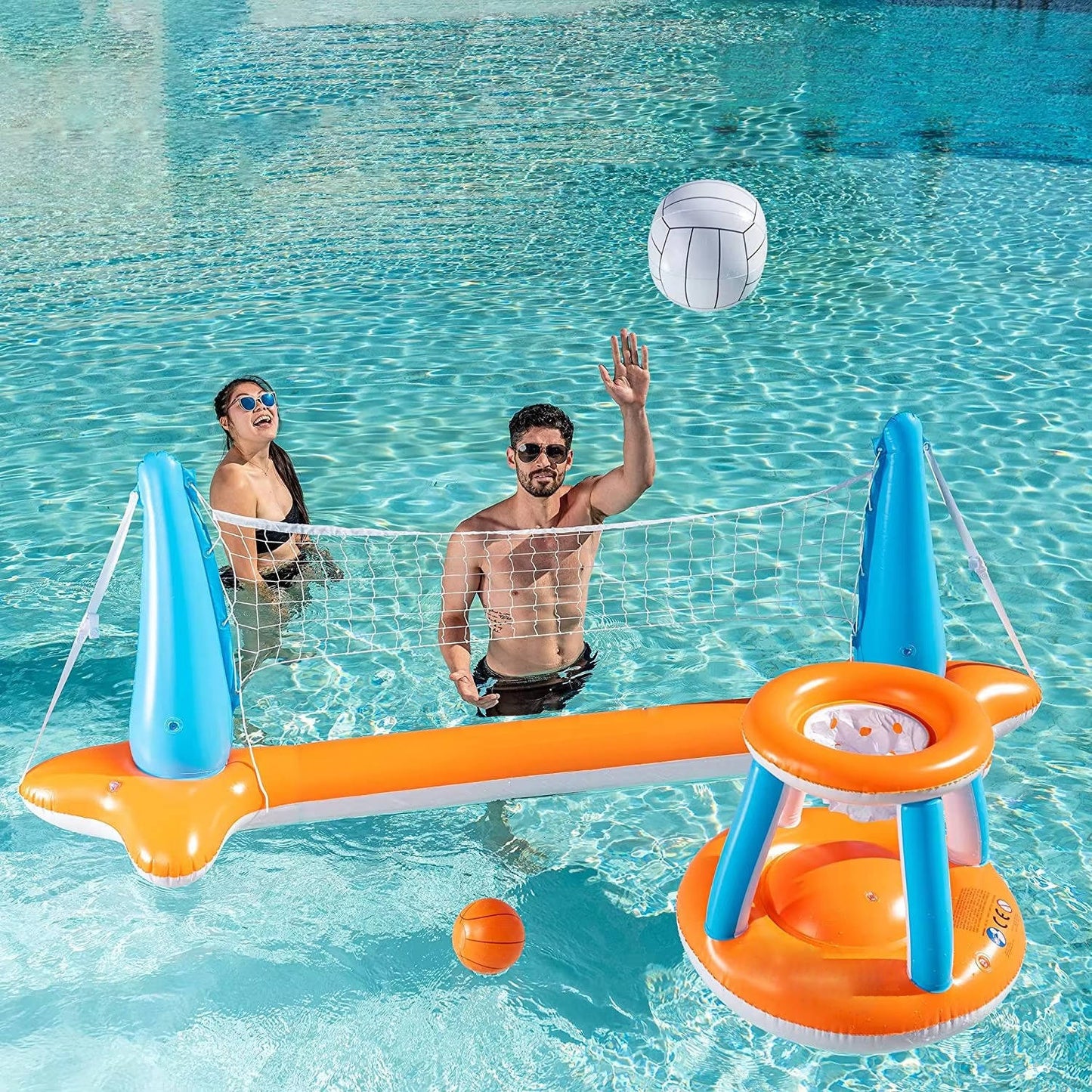 Versatile Inflatable Pool Game Set: Volleyball & Basketball Fun