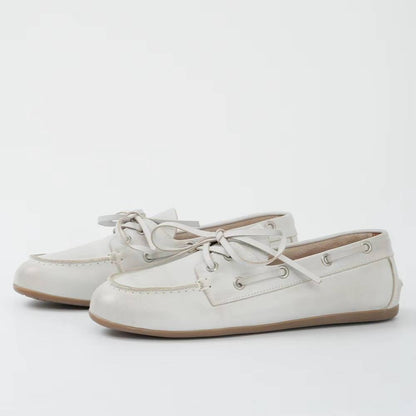 Lace-up Cowhide Flats for Women - Genuine Leather Moccasins with TPR Sole, Sizes 6 to 8