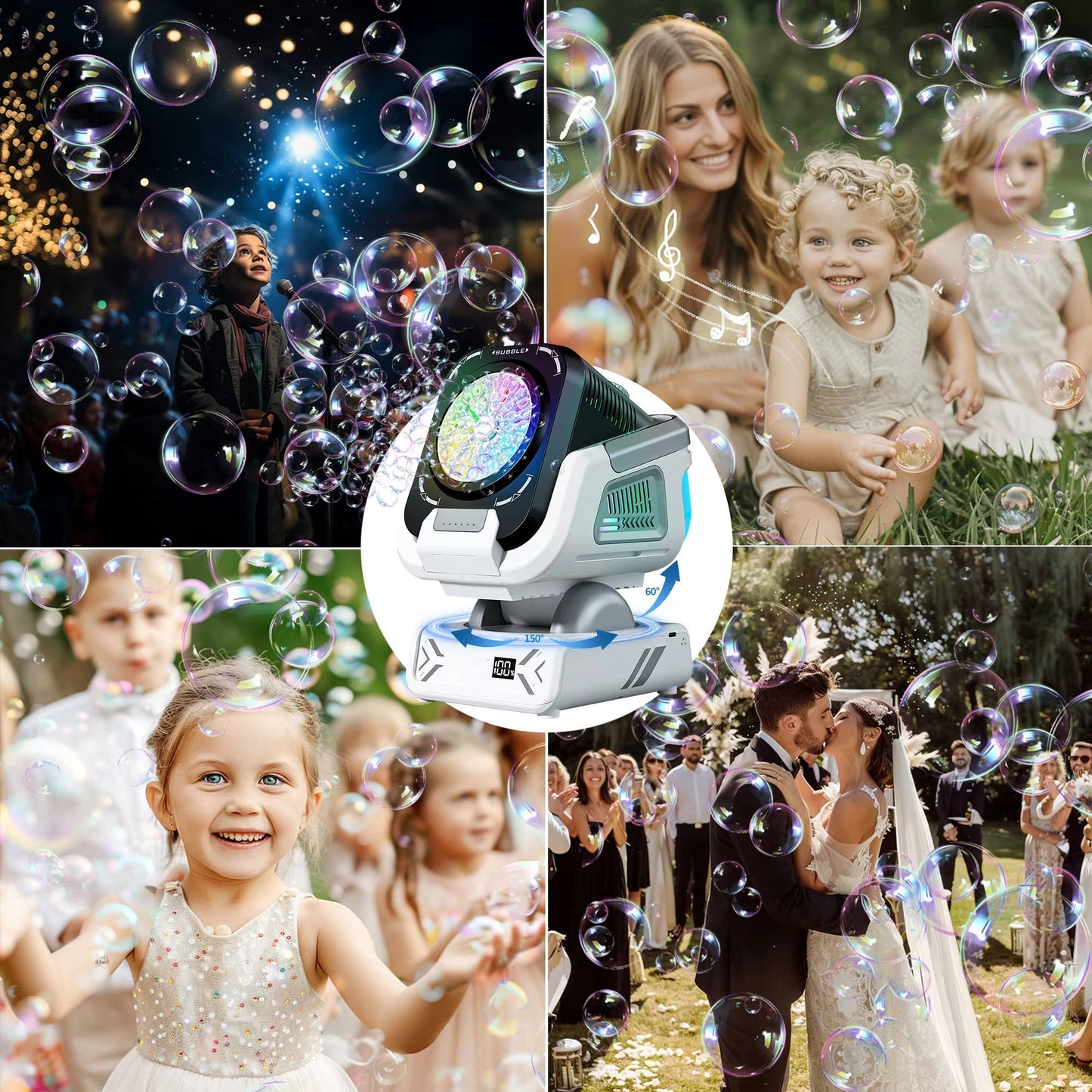 Dynamic Bubble Dispenser with 150-Degree Motion and Colorful LED Lights