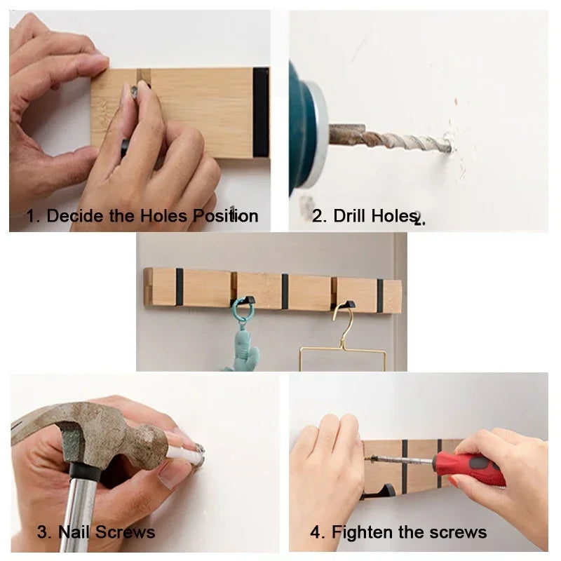 Bamboo Coat Rack with Hidden Hooks – Wall-Mounted, 3-5 Hook Options, Towel Holder