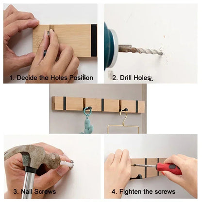 Bamboo Coat Rack with Hidden Hooks – Wall-Mounted, 3-5 Hook Options, Towel Holder