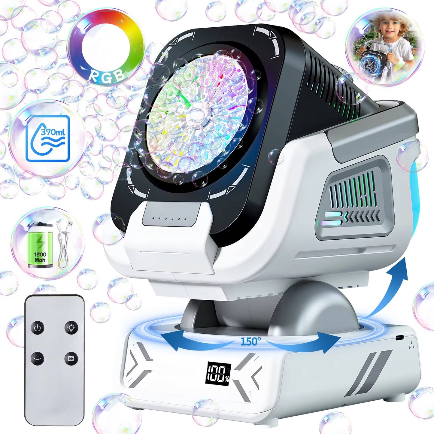 Dynamic Bubble Dispenser with 150-Degree Motion and Colorful LED Lights